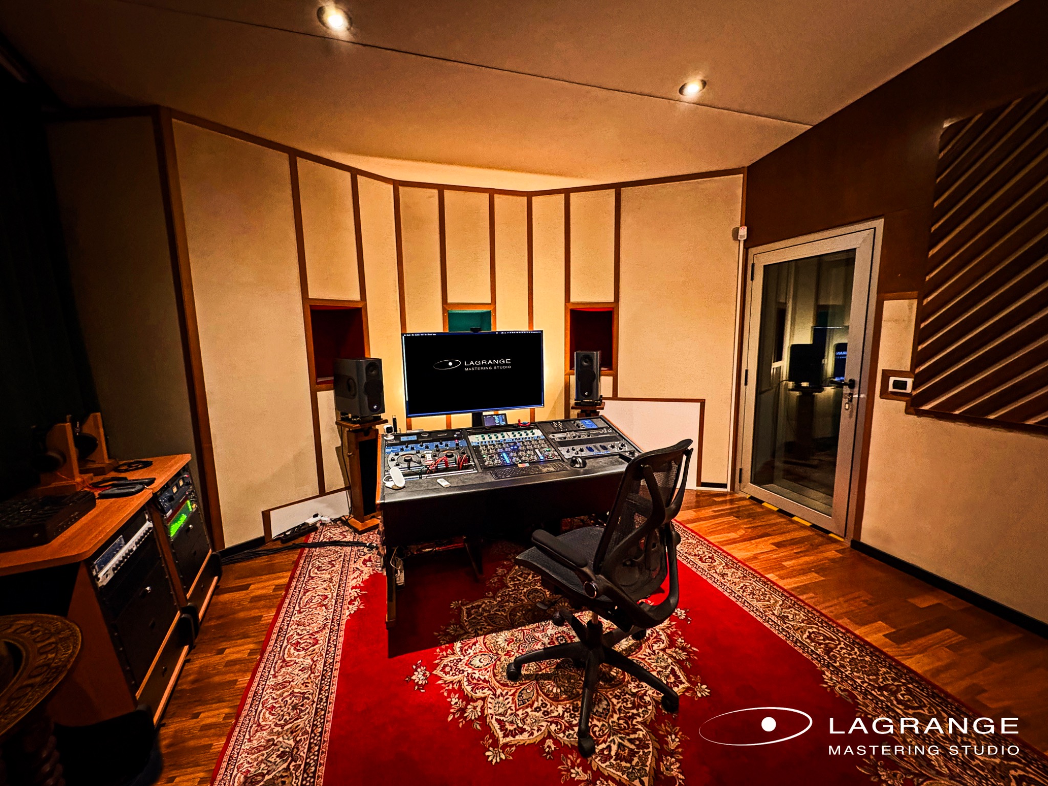 The Lagrange Mastering control room with console, Kii monitors and acoustic treatment